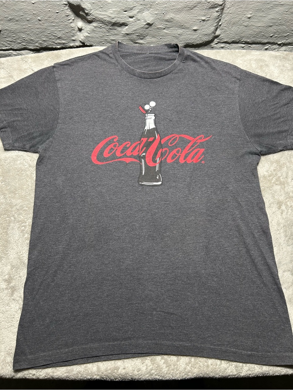 Coca Cola Gray Short Sleeve Tee with Red Logo and Bottle Graphic